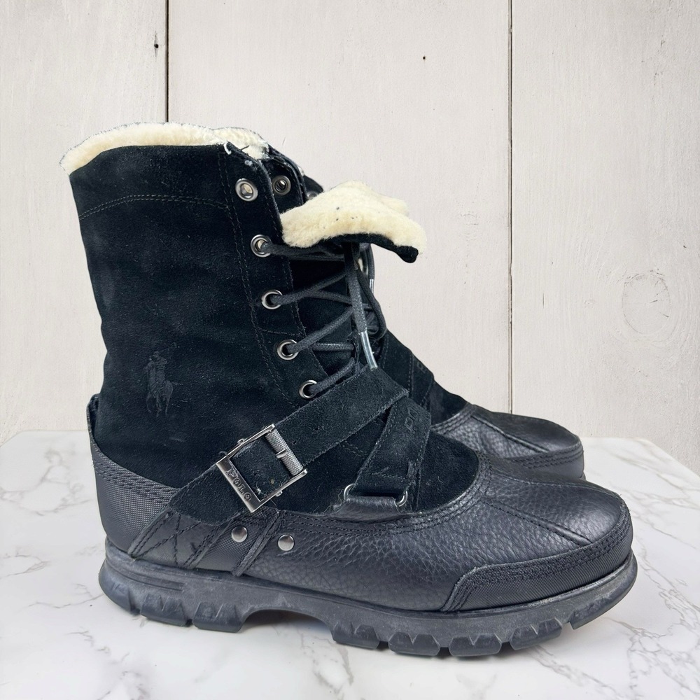Polo Ralph Lauren Tavin Rollover Shearling Boots 11 D Black Suede Leather Pony